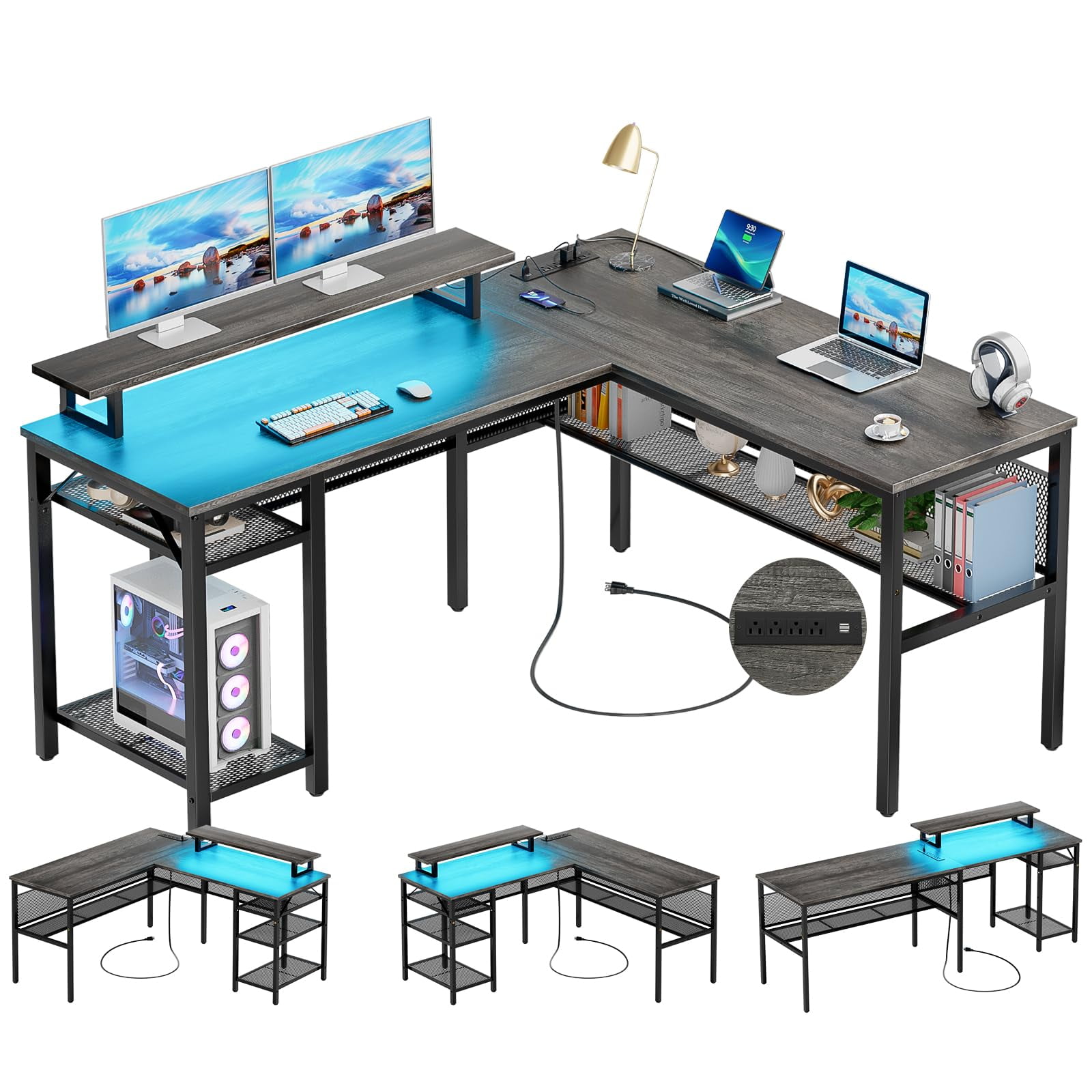 Aheaplus Reversible L Shaped Computer Desk with Power Outlet and LED Light,Black Oak
