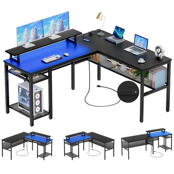 Aheaplus Reversible L Shaped Computer Desk with Power Outlet and LED Light,Black
