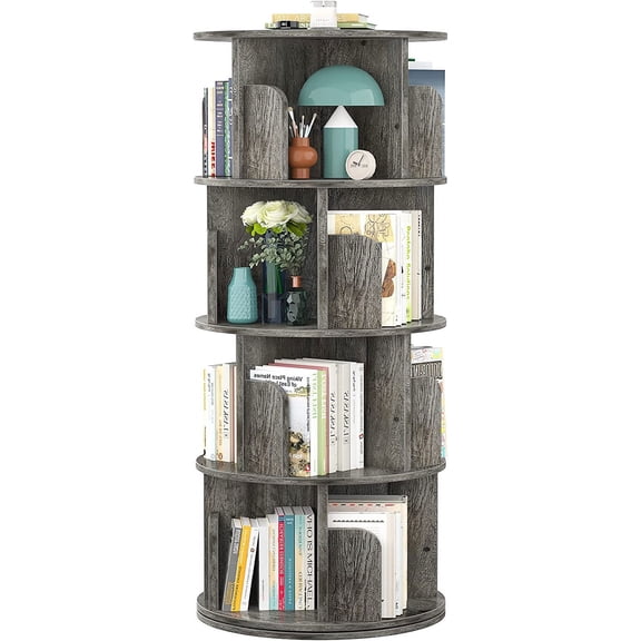 Aheaplus Rotating Bookshelf, 360 Display Corner Bookshelf for Small Space, 4 Tier Floor Standing Bookcase Storage Rack, Wood Narrow Book Shelf Organizer for Bedroom, Living Room, Study Room, Grey Oak