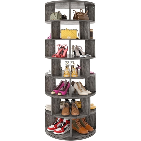 Aheaplus Rotating Shoe Rack Tower, 7-Tier Spinning Shoe Rack 360 Revolving Shoe Rack Organizer for Closet, Display Round Storage Carousel Shoes Closet Organization, Gray Oak