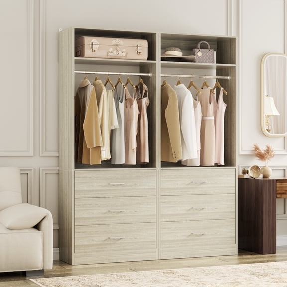Aheaplus Set of 2 Closet Systems: 6 Wood Drawers + 2 Hanging Rods + 2 Shelves, Freestanding Walk-in Closet Organizer, 48x15x80 Inch, Heavy Duty,White Oak