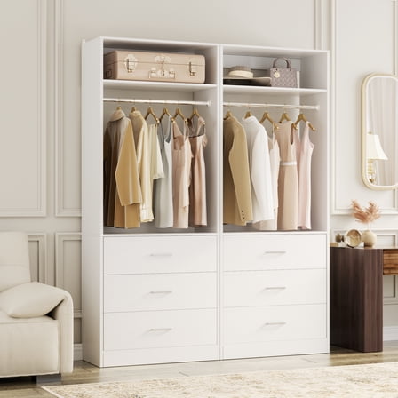 Aheaplus Set of 2 Closet Systems: 6 Wood Drawers + 2 Hanging Rods + 2 Shelves, Freestanding Walk-in Closet Organizer, 48x15x80 Inch, Heavy Duty, White