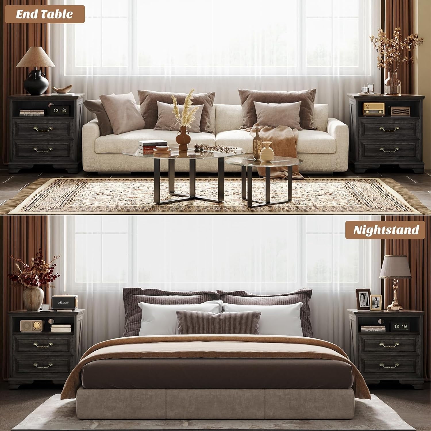 Aheaplus Set of 2 Charging Nightstands: Farmhouse Bedside Tables with ...