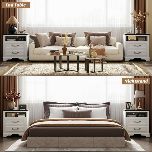 Aheaplus Set of 2 Charging Nightstands: Farmhouse Bedside Tables with USB-C Ports, AC Outlets, Drawers & Shelf for Bedroom,Rustic White