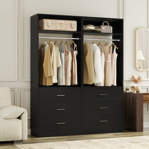 Aheaplus Set of 2 Closet Systems: 6 Wood Drawers + 2 Hanging Rods + 2 Shelves, Freestanding Walk-in Closet Organizer, 48x15x80 Inch, Heavy Duty,Black