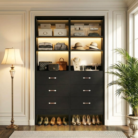 Aheaplus Twin Pack: 2x 96" Adjustable Closet Organizers with 6 Hanging Rods & 6 Wooden Drawers | Wall-Mounted System for Dual Spaces (5-8FT Each),Black