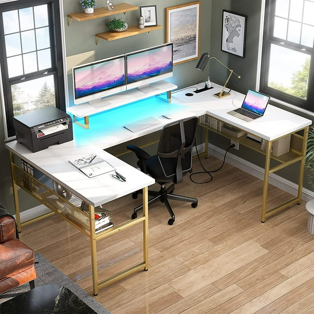 Aheaplus U Shaped Office Desk with Power Outlet and LED Strip, Reversible L Shaped Computer Desk