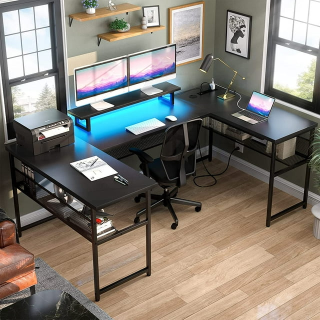 Aheaplus U Shaped Office Desk with Power Outlet and LED Strip, Reversible L Shaped Computer Desk