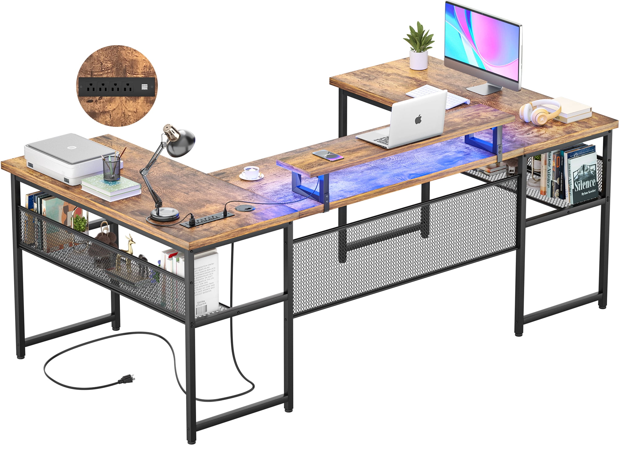 Aheaplus U Shaped Office Desk with Power Outlet and LED Strip, Reversible L Shaped Computer Desk