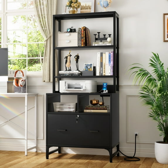 Aheaplus Vertical File Cabinet with Charging Station, Lock & Large Drawer - Printer Stand, Shelves for Letter/A4/Legal, Black