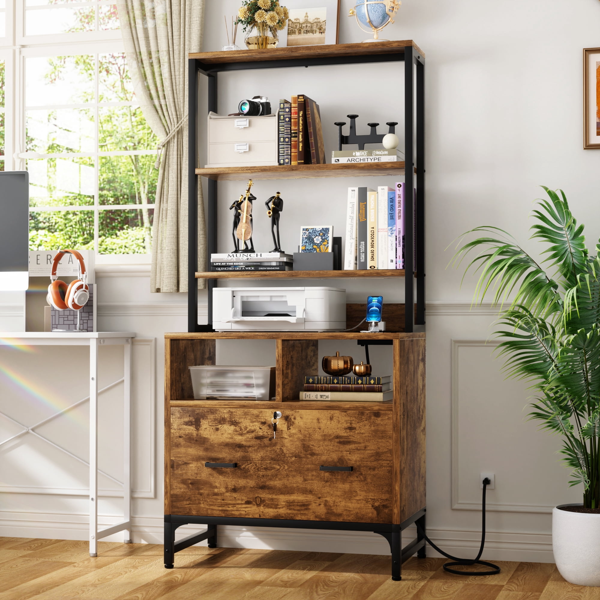 Aheaplus Vertical File Cabinet with Charging Station, Lock & Large Drawer - Printer Stand, Shelves for Letter/A4/Legal,Rustic Brown