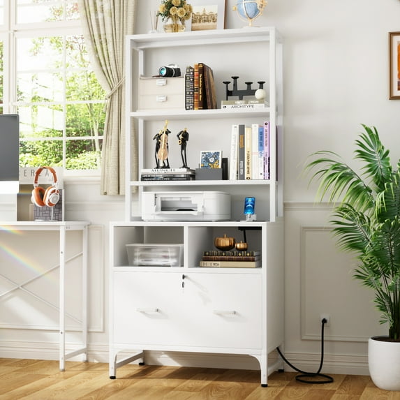 Aheaplus Vertical File Cabinet with Charging Station, Lock & Large Drawer - Printer Stand, Shelves for Letter/A4/Legal,White