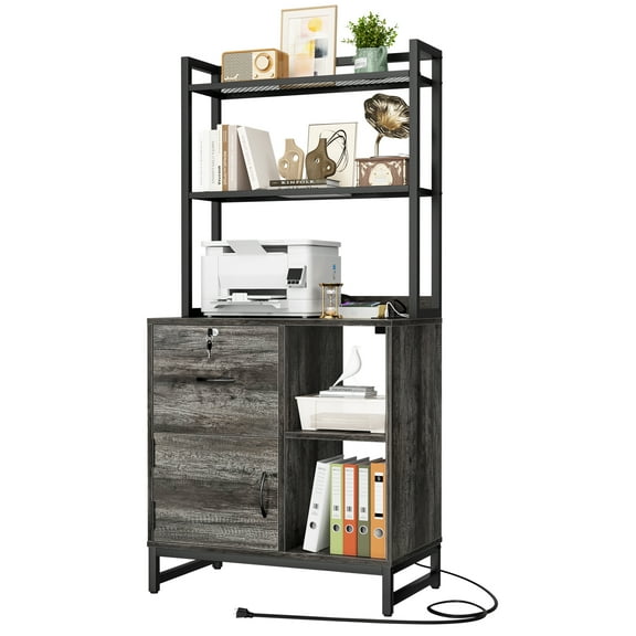 Aheaplus Vertical Filing Cabinet with Lock, Charging Station, Large Drawer, Bookshelf & Printer Stand with Open Storage Shelf, Fits Letter Size for Home Office, Gray Oak