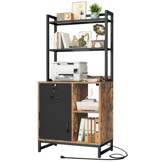 Aheaplus Vertical Filing Cabinet with Lock, Charging Station, Large Drawer, Bookshelf & Printer Stand with Open Storage Shelf, Fits Letter Size for Home Office,Rustic Brown