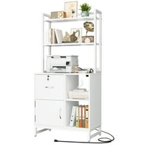 Aheaplus Vertical Filing Cabinet with Lock, Charging Station, Large Drawer, Bookshelf & Printer Stand with Open Storage Shelf, Fits Letter Size for Home Office,White