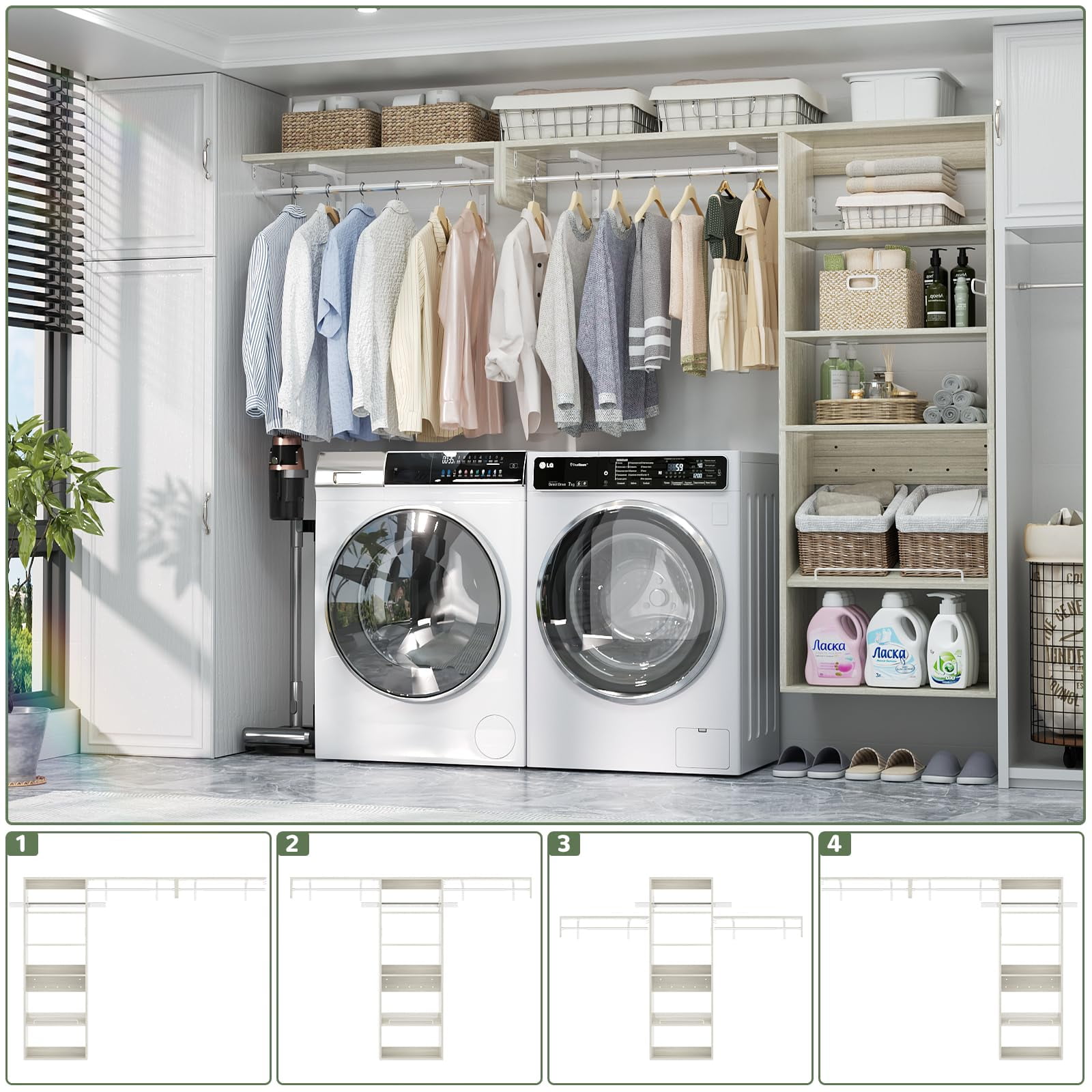 Aheaplus Over Washer Dryer Storage Shelf, 8FT Wall Mounted Laundry Room ...