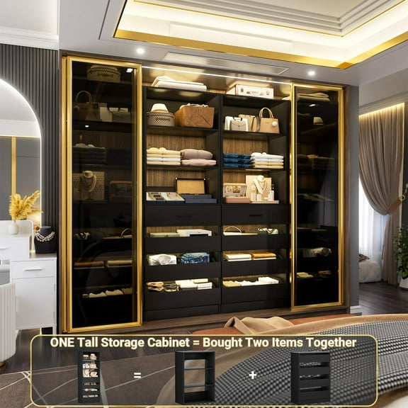 Aheaplus Wood Closet Organizer with 4 Drawers, 21.3" Closet System Tower with Open Shelves, Modular Closet Drawers System, Walk-in Closet or Small Closets Wardrobe, Tall Storage Cabinet Unit, Black