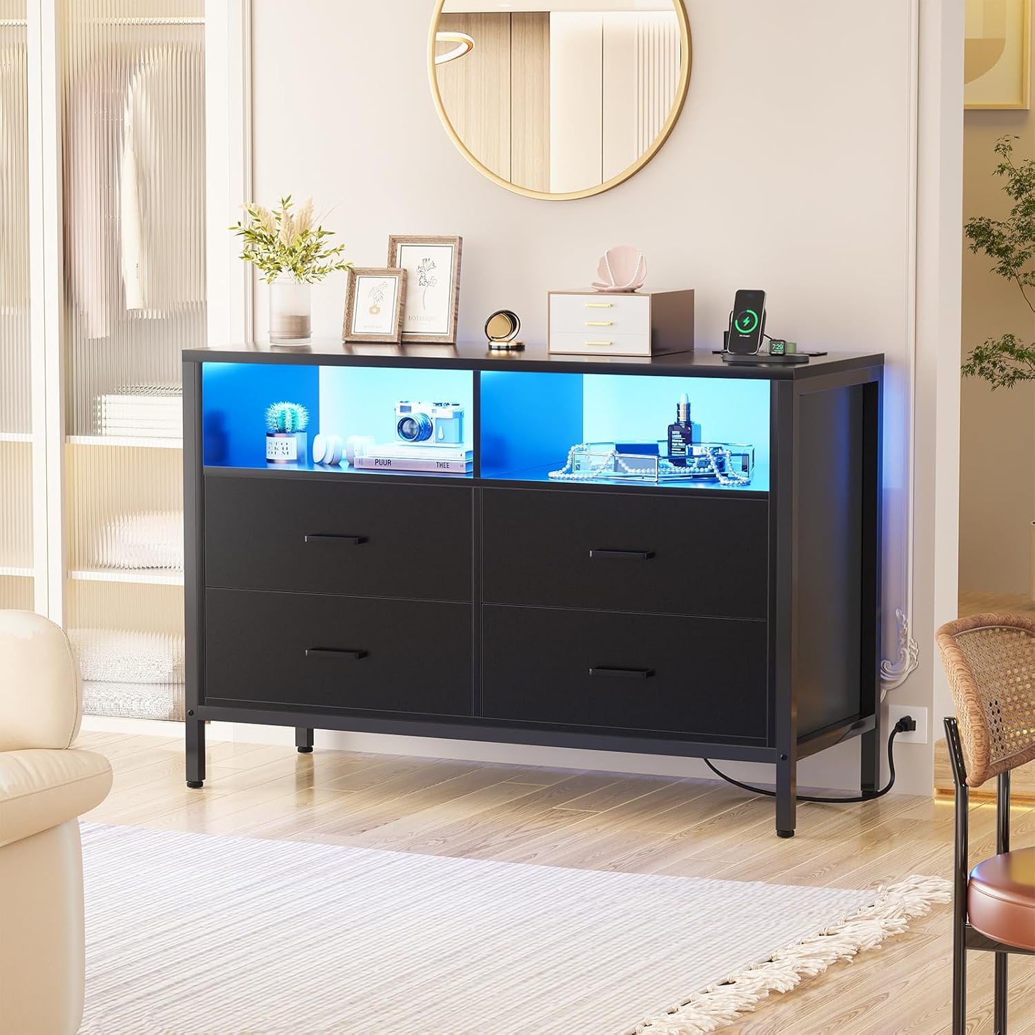 Aheaplus Wood Dresser for Bedroom, 4 Drawer Dresser with LED Lights and ...