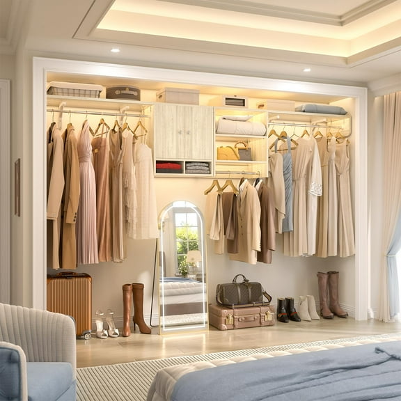 Aheaplus Wood Over Washer Dryer Storage Shelves and Organizer, 118" Wall Mounted Laundry Room System with 3 Hanger Rods, Heavy Duty Laundry Room System, Space Saver Clothes Drying Rack, White Oak