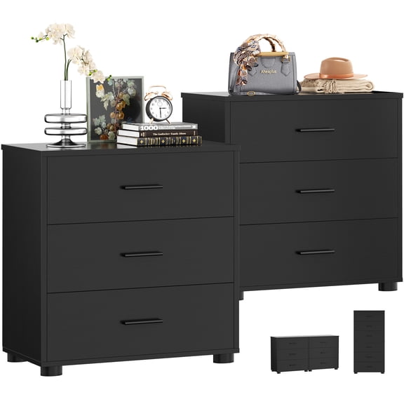 Aheaplus Wooden Closet Organizer Set of 2, 3 Drawers Each - Multi-Use Storage Unit ,Nightstand/End Table,Black