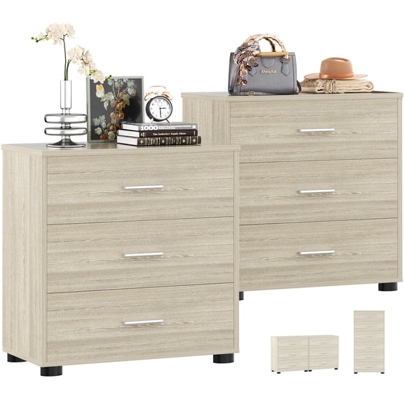 Aheaplus Wooden Closet Organizer Set of 2, 3 Drawers Each - Multi-Use Storage Unit ,Nightstand/End Table,White Oak