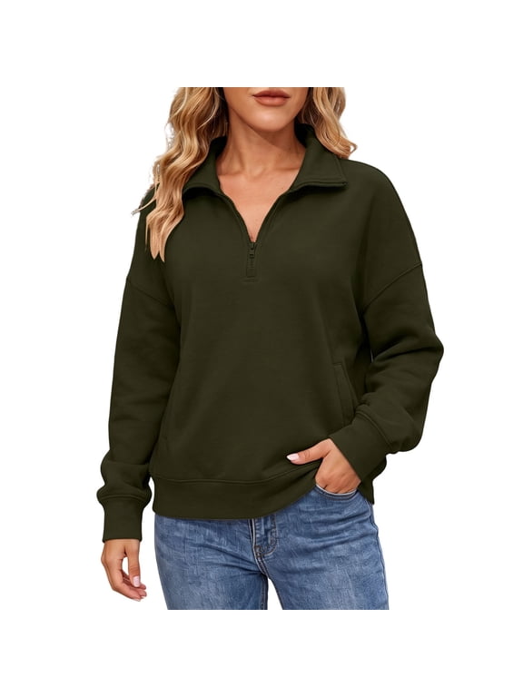 1/4 Zip up Sweatshirt for Women V Neck Collared Drop Shoulder Pullover Casual Baggy Loose Long Sleeve Tops