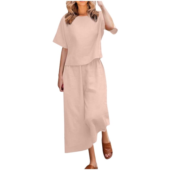AherBiu 2 Piece Lounge Sets for Women Cotton Linen Tops with Wide Leg Pants Lightweight Summer Outfits