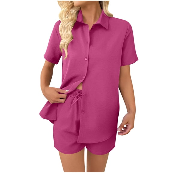AherBiu 2 Piece Summer Outfits for Women Short Sleeve Button down Shirts with Shorts Set Lounge Sets