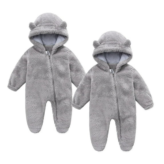 AherBiu 2PC Baby Girls Boys Fleece Rompers Long Sleeve Newborn Infant Sherpa Warm Zip up Hooded Jumpsuits Overalls Solid Color