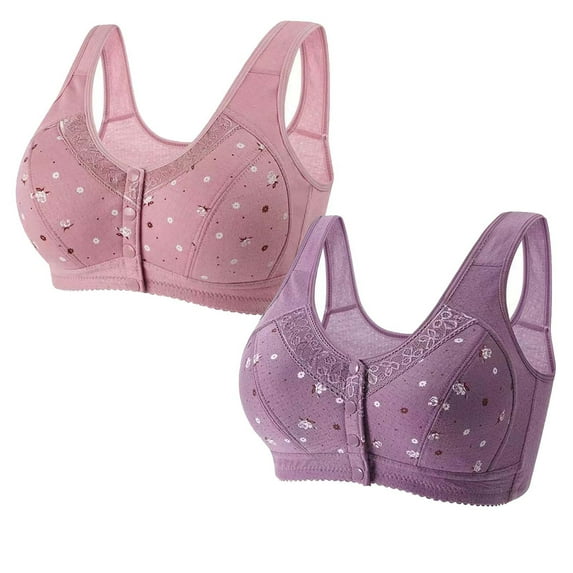 AherBiu 2pc Everyday Bras for Seniors Women Floral Button Front Closure Plus Size Comfort Wireless Bralette