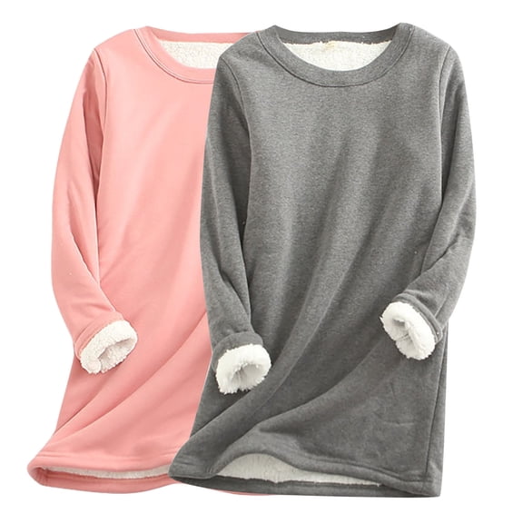 AherBiu 2pc Fleece Tops for Women Plus Size Long Sleeve Thick Thermal Warm Pajamas Pullover T Shirts