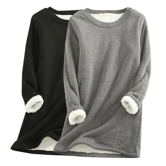 AherBiu 2pc Fleece Tops for Women Plus Size Long Sleeve Thick Thermal Warm Pajamas Pullover T Shirts