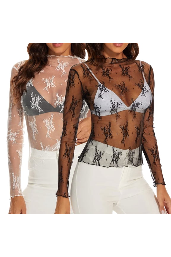 2pc Mesh Tops for Women See Through Long Sleeve Fitted Lace Coverups Cute Shirts Blouse