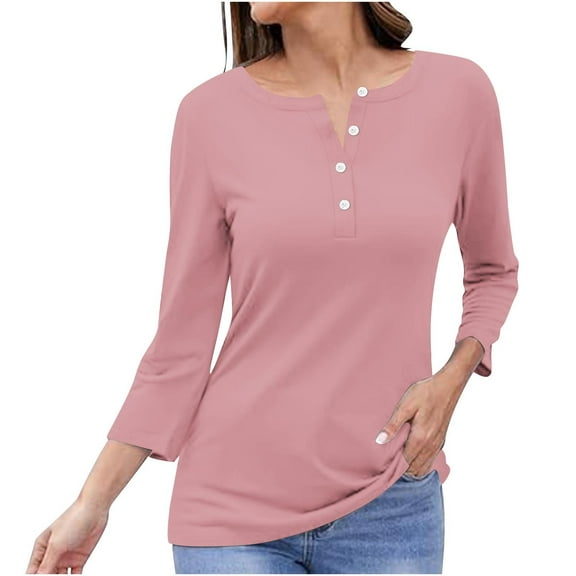 AherBiu 3/4 Sleeve Length Tops for Women Button Notch V Neck Comfy Basic T Shirts Casual Loose Blouse
