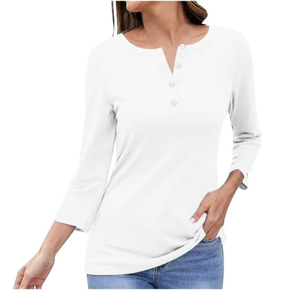 AherBiu 3/4 Sleeve Length Tops for Women Button Notch V Neck Comfy Basic T Shirts Casual Loose Blouse