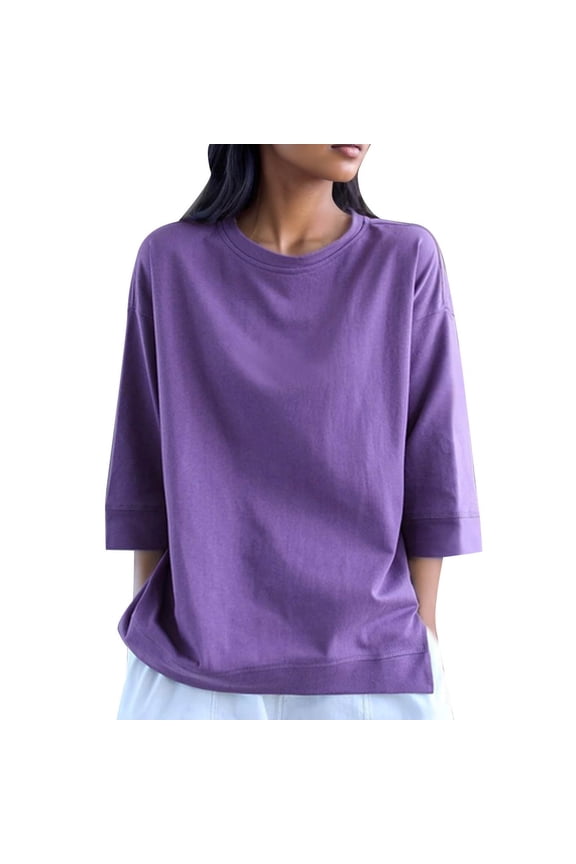 3/4 Sleeve Tops for Women Crew Neck Drop Shoulder Fall Casual Loose Basic Top Tees T Shirts