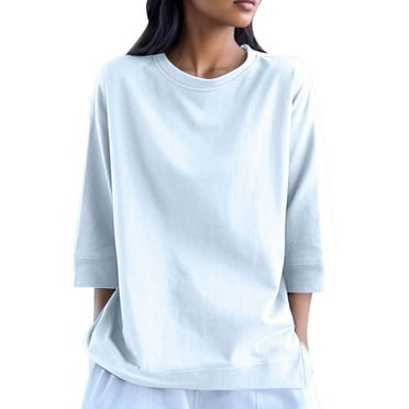 AherBiu 3/4 Sleeve Tops for Women Crew Neck Drop Shoulder Fall Casual Loose Basic Top Tees T Shirts