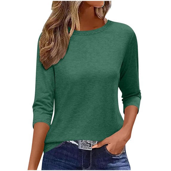 AherBiu 3/4 Sleeve Tops for Women Crewneck Stretch Basic Comfy Shirts Summer Casual Fitted Plain Tees