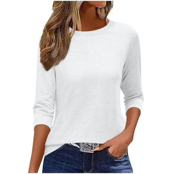 AherBiu 3/4 Sleeve Tops for Women Crewneck Stretch Basic Comfy Shirts Summer Casual Fitted Plain Tees