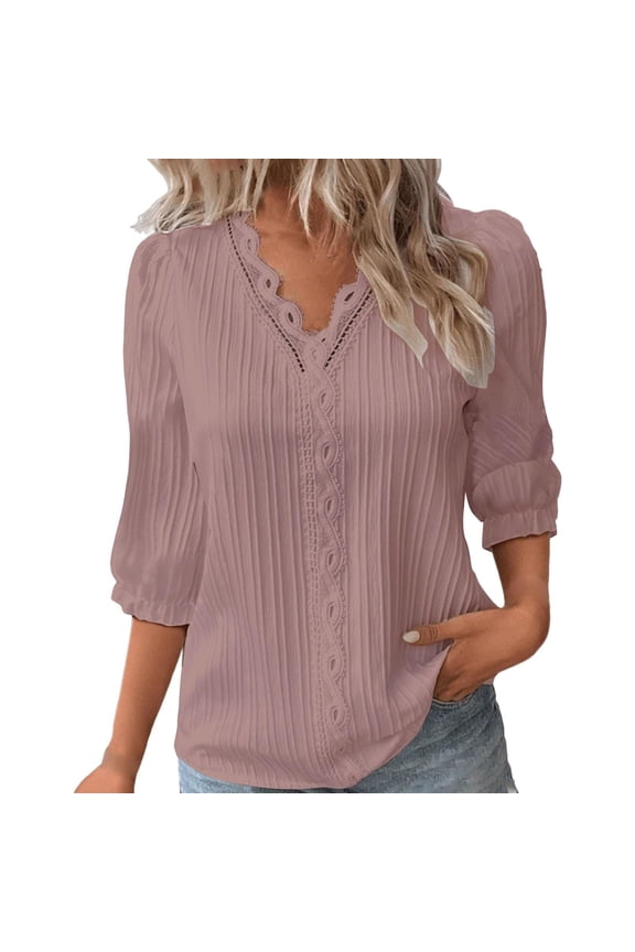 3/4 Sleeve Tops for Women Crochet Lace V Neck Summer Fall Boho Top Dressy Casual Blouse