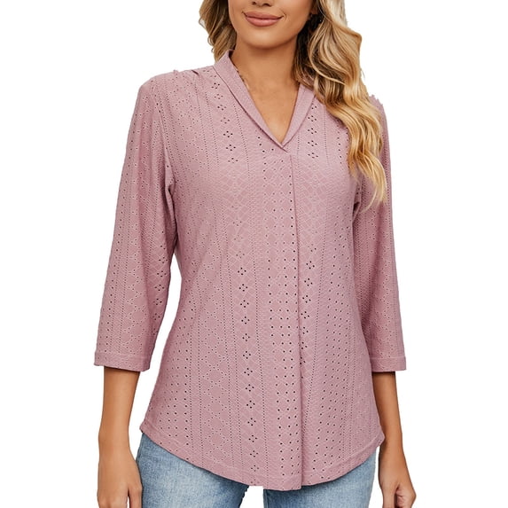AherBiu 3/4 Sleeve Tops for Women Eyelet Hole V Neck Ruched Casual Loose Summer Beach Boho Shirts