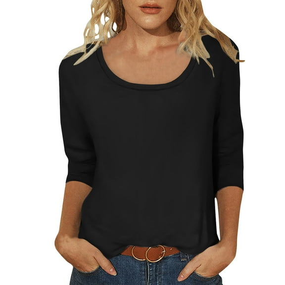 AherBiu 3/4 Sleeve Tops for Women Scoop Neck Basic Top Tees Tshirt Summer Casual Comfy Fitted Blouse