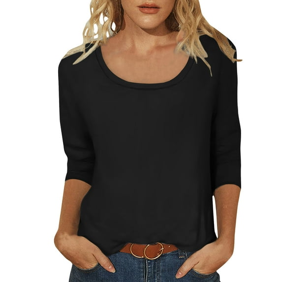 AherBiu 3/4 Sleeve Tops for Women Scoop Neck Basic Top Tees Tshirt Summer Casual Comfy Fitted Blouse