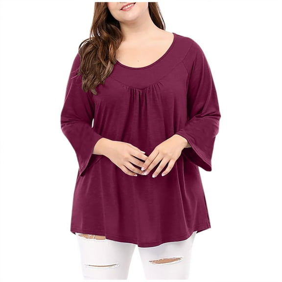 AherBiu 3/4 Sleeve Tops for Women Scoop Neck Casual Dressy Blouse Loose Tunic Tops for Leggings
