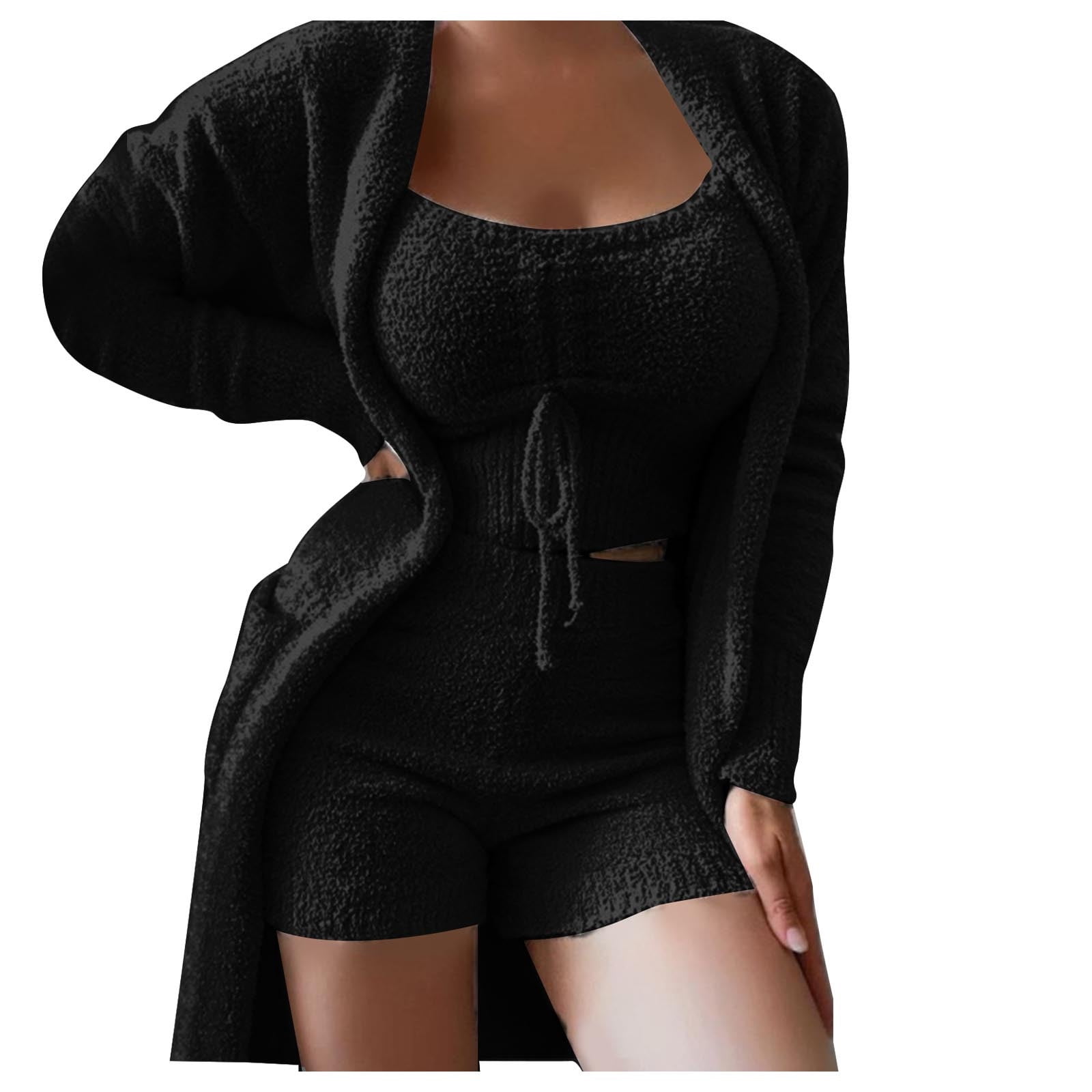 AherBiu 3 Piece Fleece Plush Sets for Women Tank Tops Shorts Cardigans