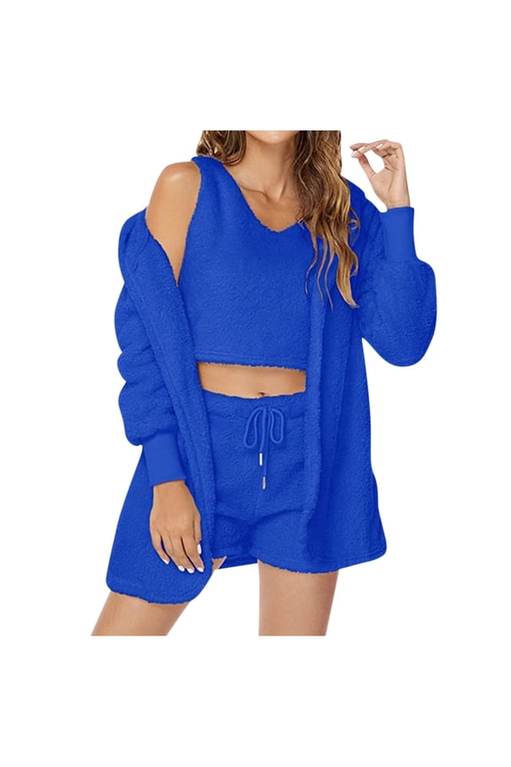 3 Piece Pajamas Sets for Women Fleece Fuzzy Tank Tops Shorts with Open Front Hooded Robe Cardigan