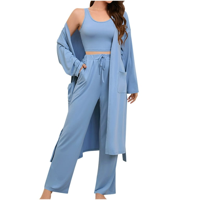 AherBiu 3 Piece Pajamas Sets for Women Long Cardigans Robe Tank Tops with  Comfy Pants Slacks Sleepwear Outfits 