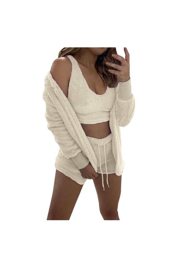 3 Piece Plush Loungewear Sets Fleece Fuzzy Bra Tank Tops Shorts with Cardigans Sleepwear Pajamas Outfits