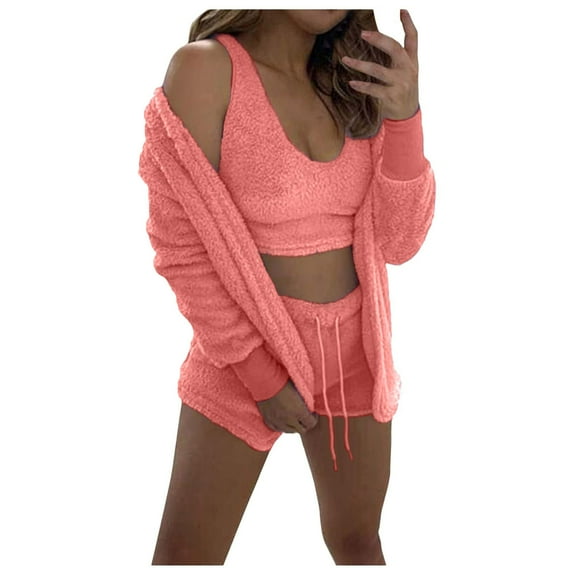 AherBiu 3 Piece Plush Loungewear Sets Fleece Fuzzy Bra Tank Tops Shorts with Cardigans Sleepwear Pajamas Outfits