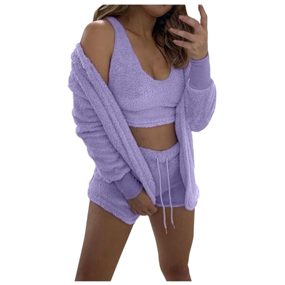 AherBiu 3 Piece Plush Loungewear Sets Fleece Fuzzy Bra Tank Tops Shorts with Cardigans Sleepwear Pajamas Outfits